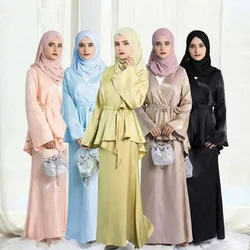 Women 2 Pieces Set Shiny Satin Kimono Belted Tops Skirt Suit Muslim Outfits Eid Ramadan Islamic Clothing Dress Abaya Kaftan Robe