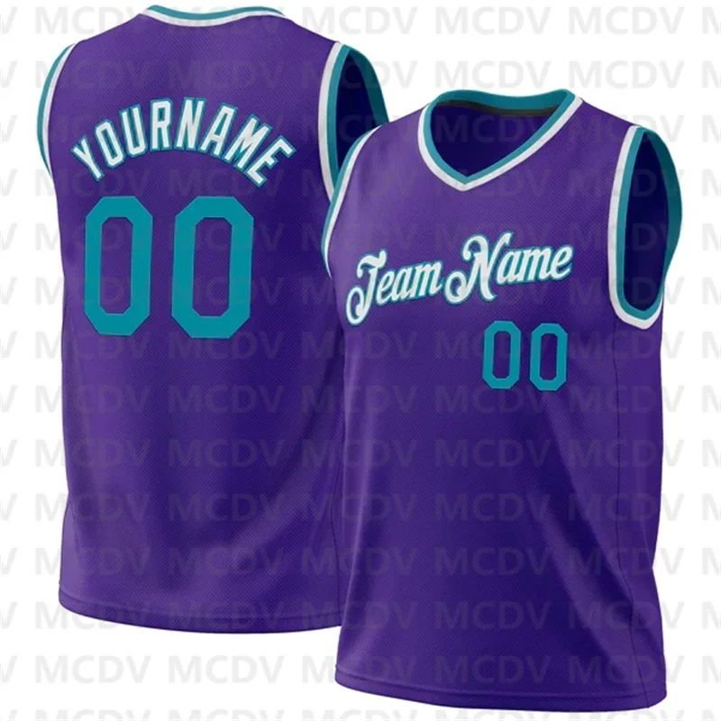 Custom Purple Teal-White Authentic Throwback Basketball Jersey 3D Print Team Name Number Sport Clothes Adult Youth