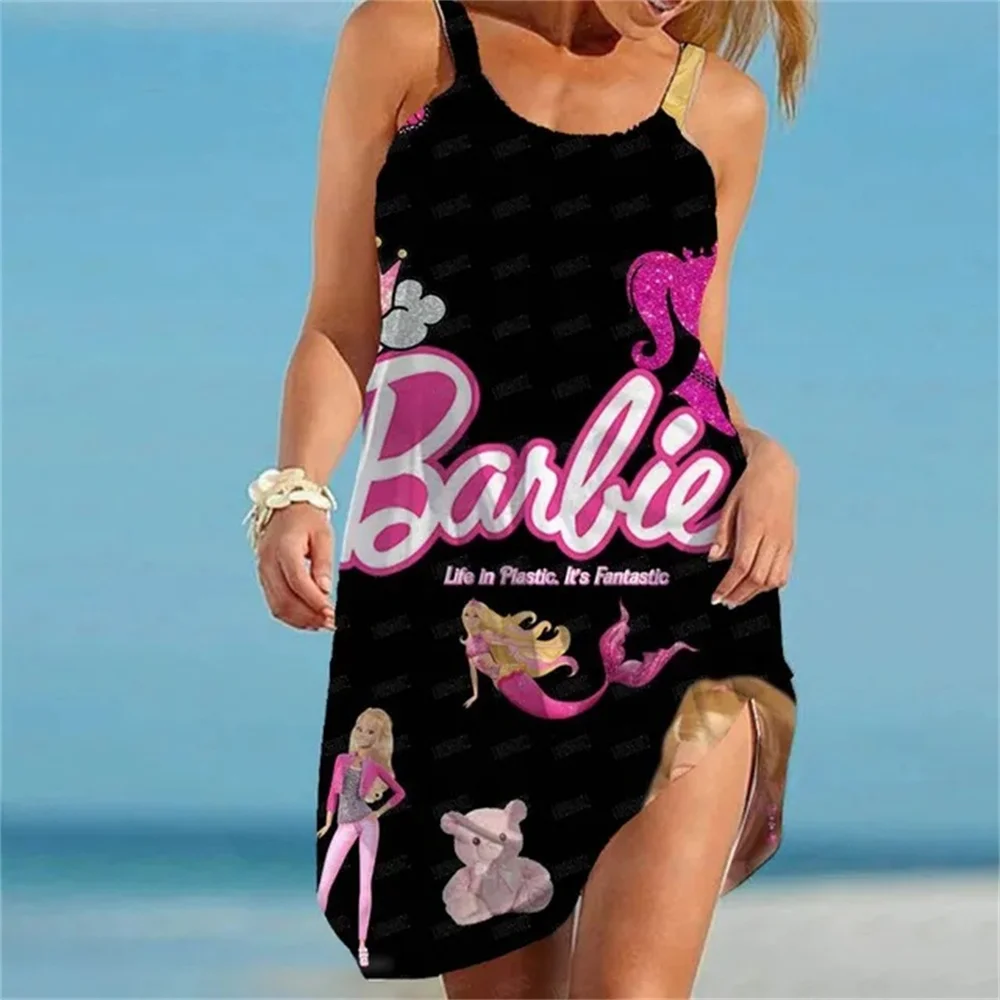 

Disney cartoon Barbie Princess new summer women's fashion 3d printing dress sexy loose beach suspender skirt YK2 clothing