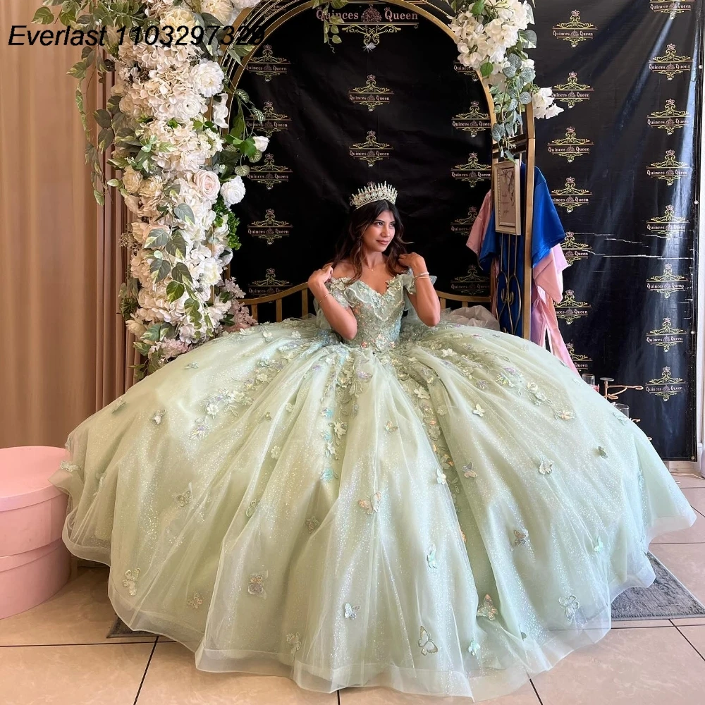 EVLAST Glitter Sage Green Quinceanera Dress Ball Gown Butterfly Applique Beading Bow Corset Sweet 16 Vestido De 15 Anos TQD967