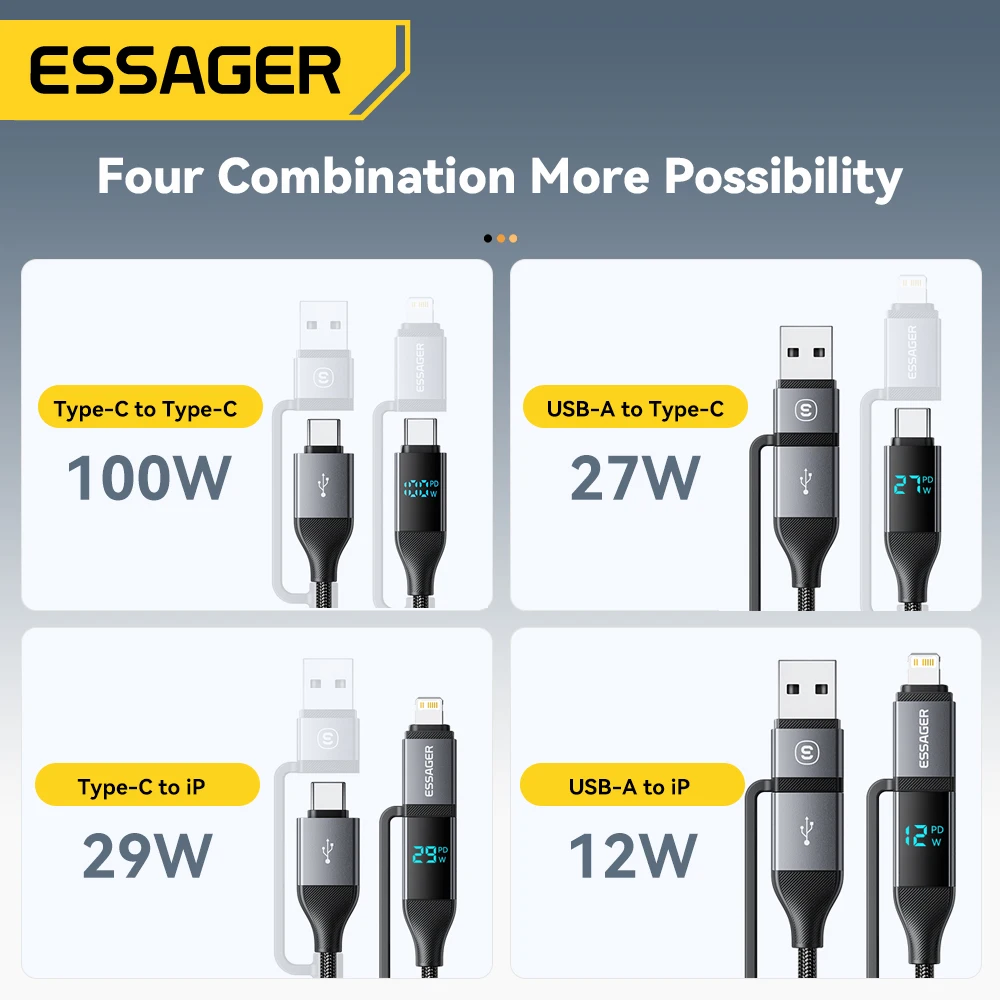 Essager 4 w 1 100W Kabel USB C Cyfrowy wyświetlacz Szybkie ładowanie dla iPhone 16 Huawei Xiaomi MacBook iPad Kabel USB typu C do oświetlenia — zdjęcie produktu 5