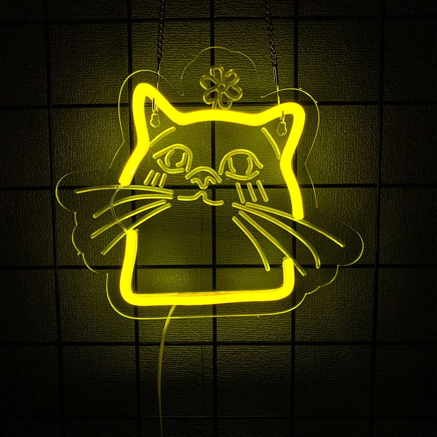 لافتة نيون LED على شكل قطة صفراء، أيقونة حيوانات منحوتة ثلاثية الأبعاد، تستخدم لغرفة النوم، ومتجر الحيوانات الأليفة، والبار، وديكور الحفلات، وهدايا عيد الميلاد للرجال والفتيات
