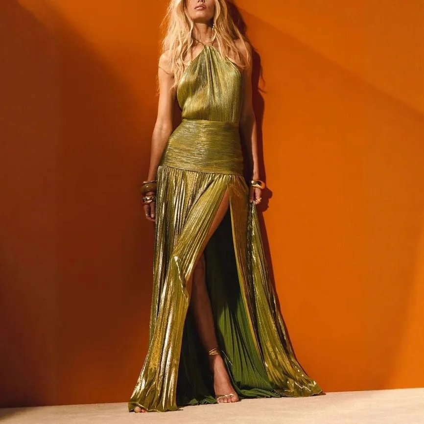 Elegant Party Dress Sleeveless Long Dresses Pleated Slit Maxi Dress High Slit Wrap Front Evening Dress for Wedding Guest Prom view 2