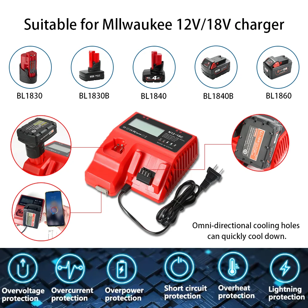 Victpower M12&M18FC dual battery charger, suitable for Milwaukee, 12V-18V 90W charger, suitable for Milwaukee XC 48-59-181248-11