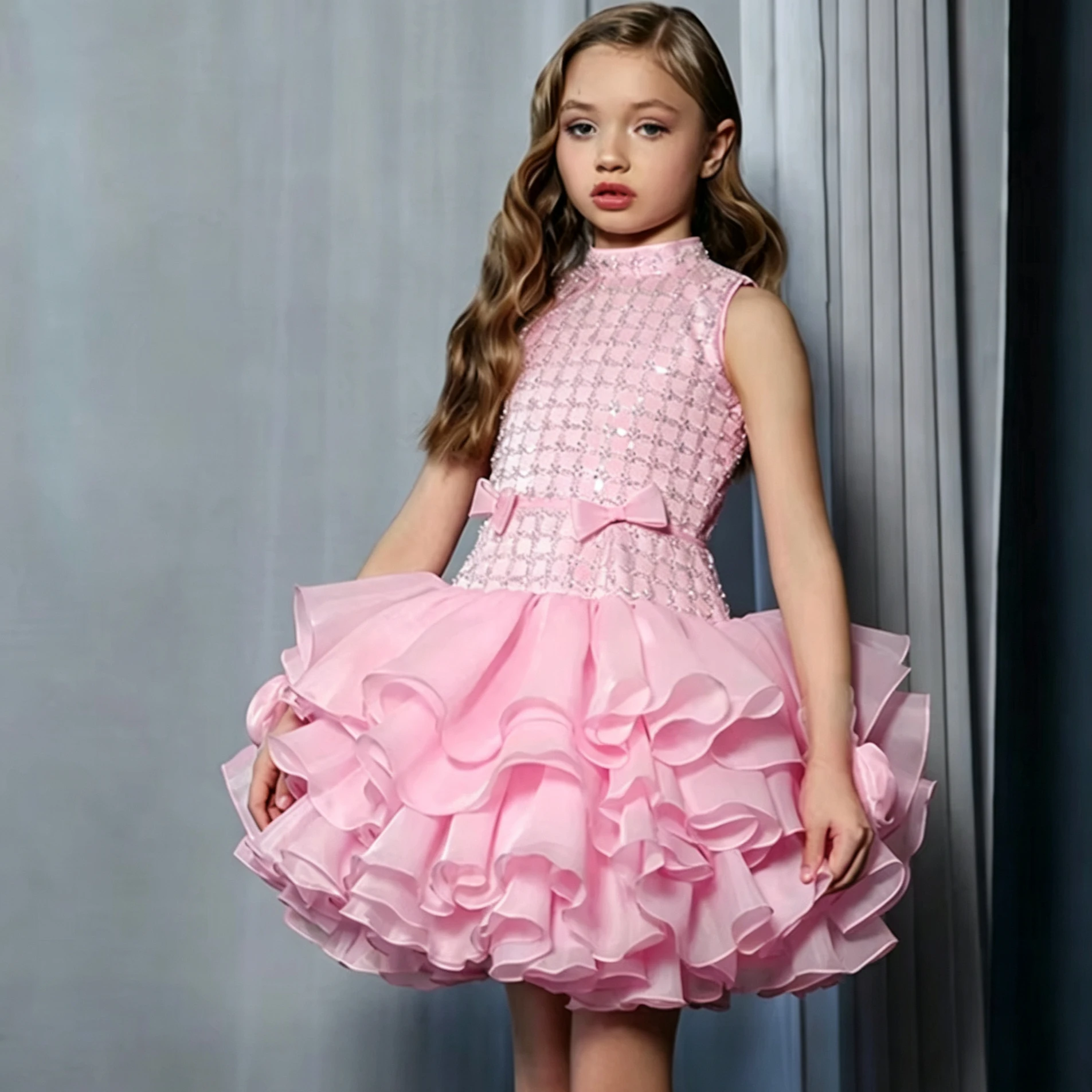 Customized Pink Flower Girl Dress For Wedding Glitter Bow Sleeveless Knee Length Elegant Kids Birthday First Communion Gown