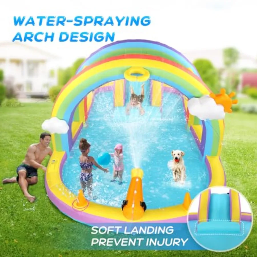 Backyard inflatable water slide with climbing wall, water cannon, basketball hoop, arch sprinklers, blue and yellow design, qui