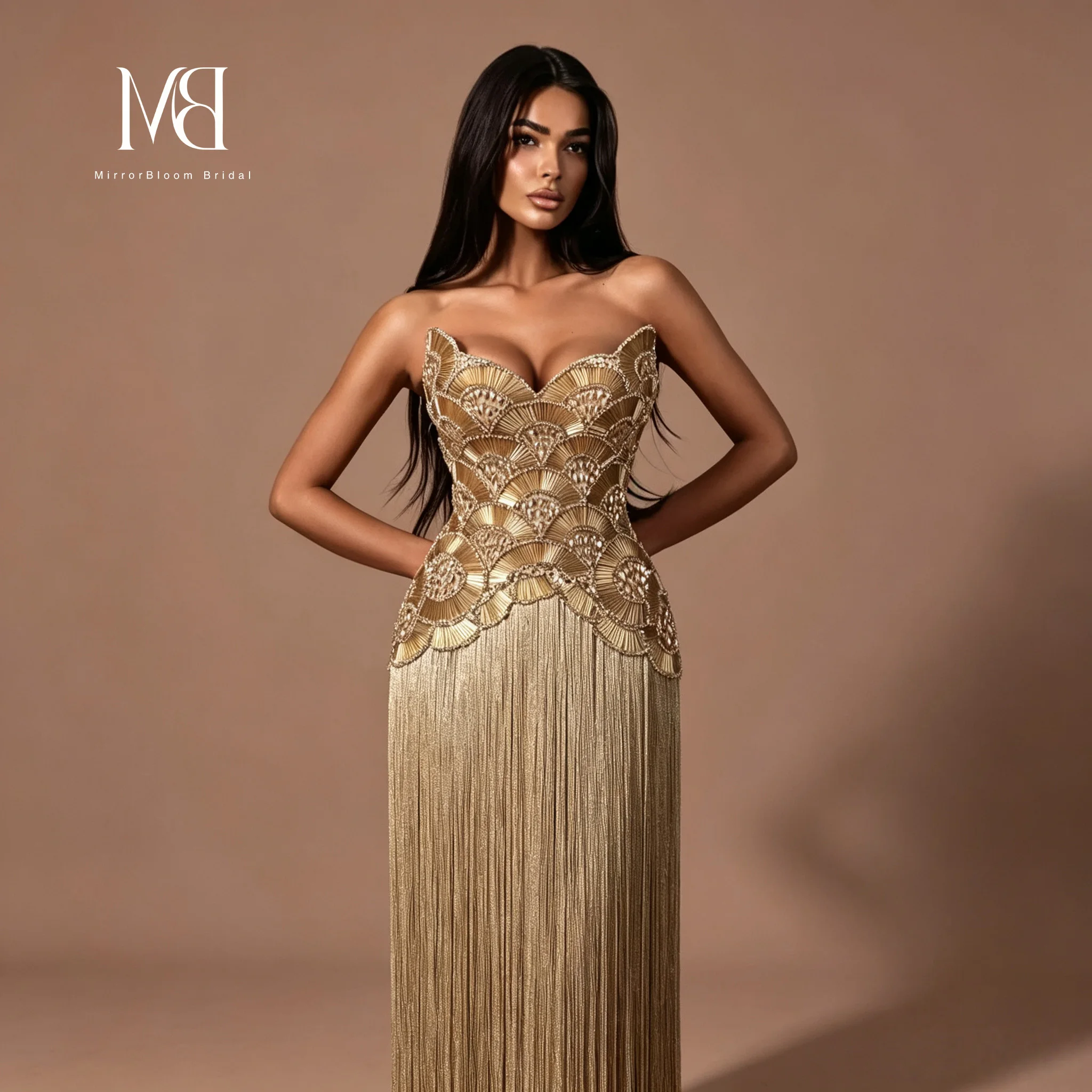 Regal Antique Gold Strapless Sweetheart Beaded Fan Pattern Bodice Long Fringe Mermaid Evening Gown