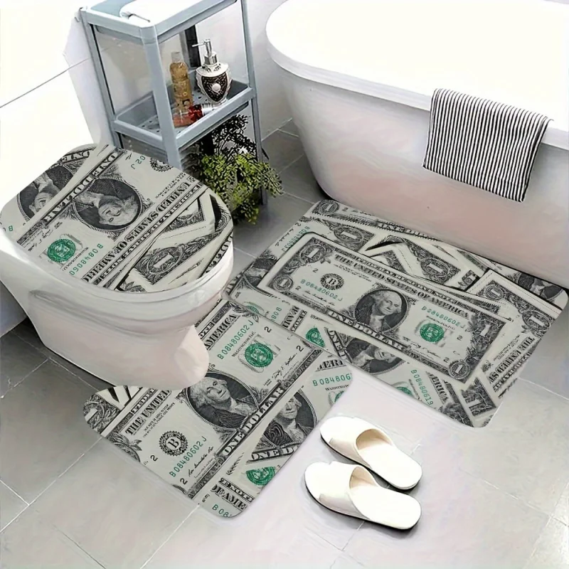 3-Piece Set: Dollar Bill Printed Bathroom Mats - Quick-Dry, Microfiber Surface, Memory Foam Cushion - Suitable for Bathrooms, La