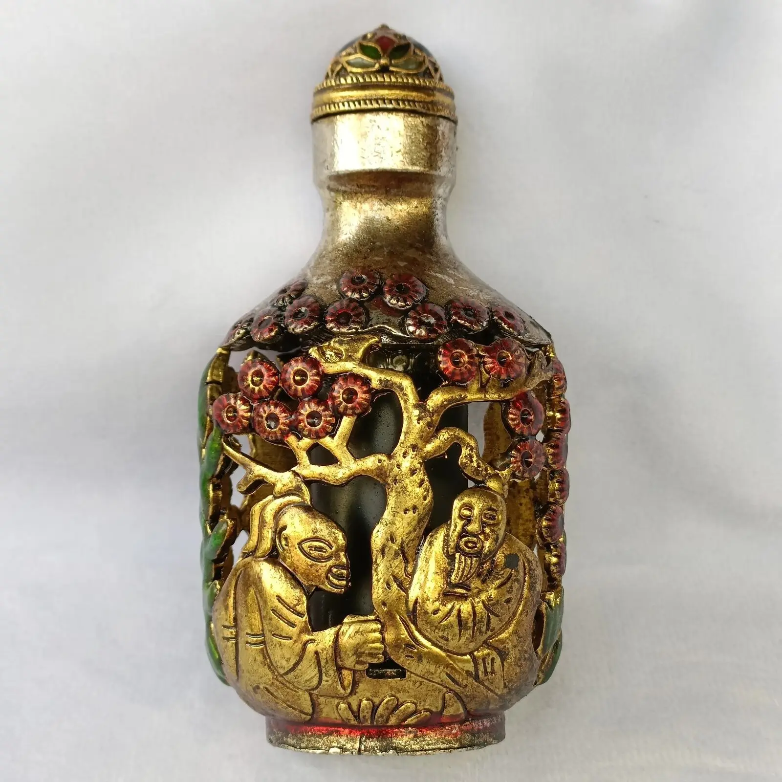 New Openwork Inlaid Tibetan Silver and Enamel Snuff Bottle
