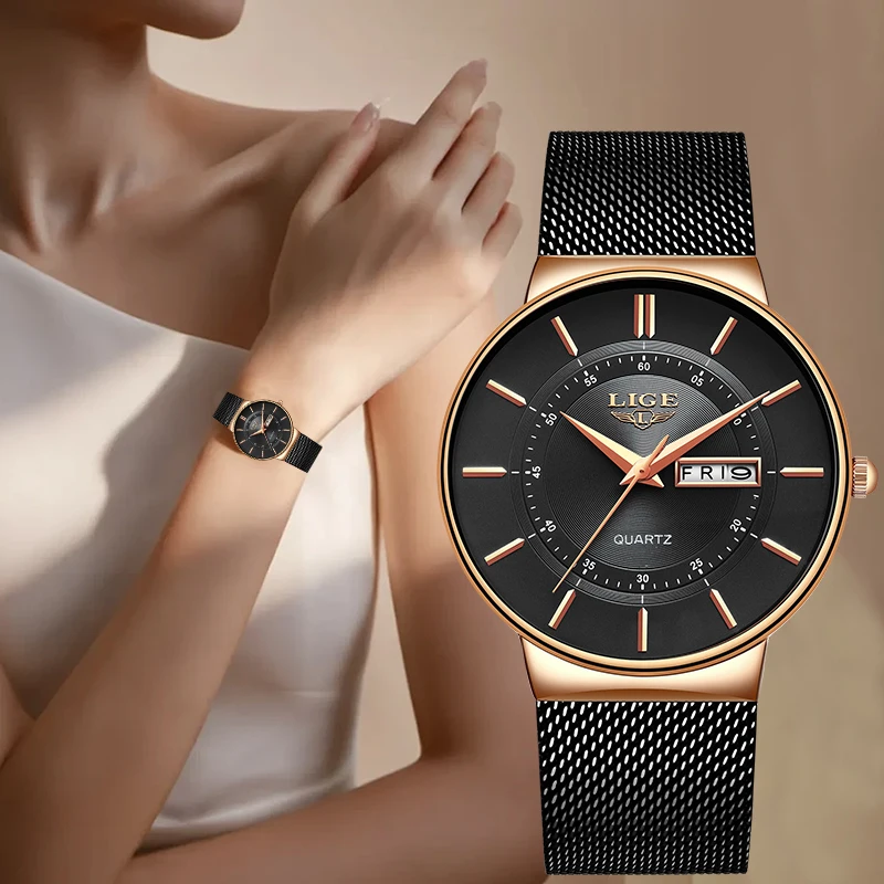 LIGE Elegant Women's Watches Luxury Fashion Ultra-thin Auto Date Week Steel Mesh Belt Waterproof Ladies Gifts Quartz Woman Watch