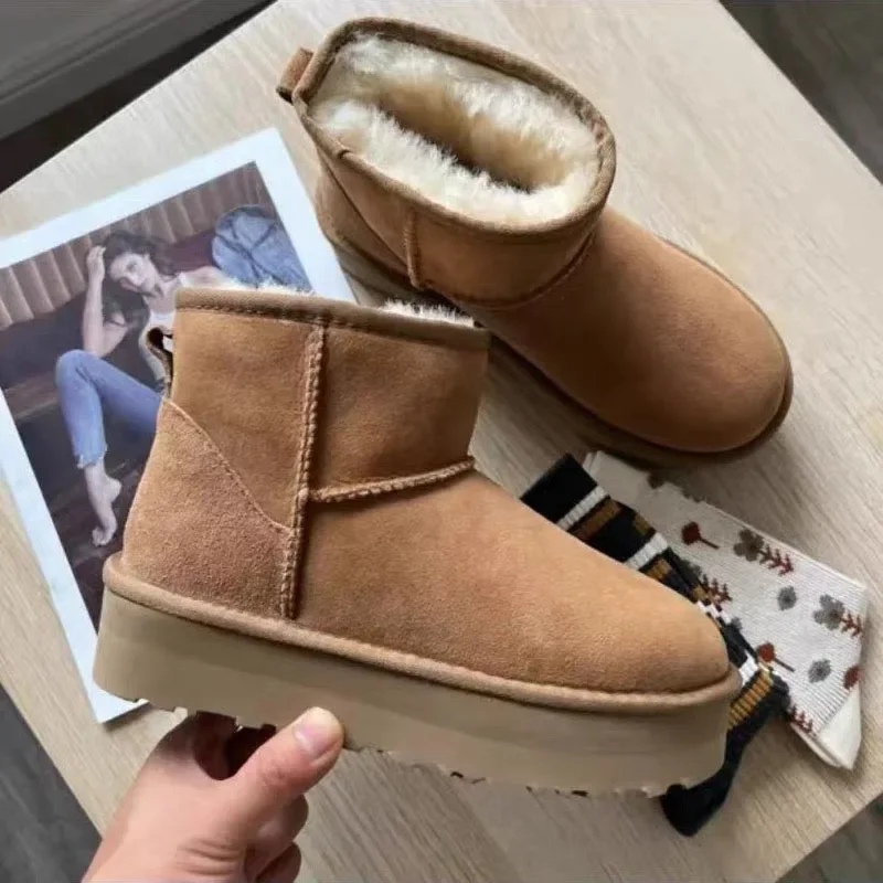 Ultra Mini Mustard Seed Chestnut Tazz Tasman Sheepskin Classic Platform Wool Fur Ankle Boots Winter Women's Flat Suede Slippers