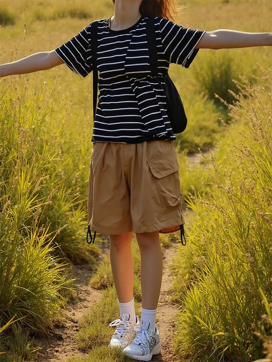 Shorts mit weitem Bein und mehreren Taschen für Damen, schwarze Spitze, Mini-Shorts, ästhetisch, niedlich, stilvoll, für Mädchen, Schule, Kawaii, Rüschen, trendige Slim-Fit