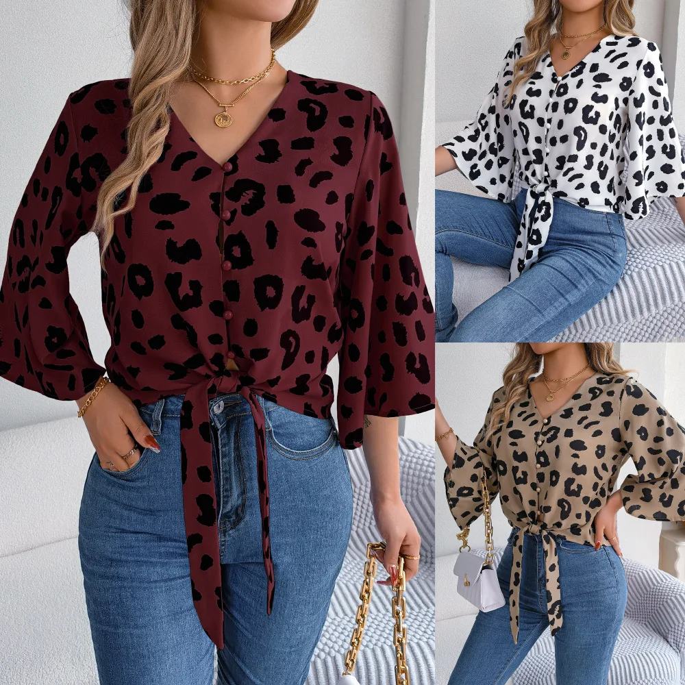 2025 Femme Shirts Trendy New Spring Summer Casual Leopard Print Middle Sleeve Tie Bow Loose Top Women Button Streetwear Blouses