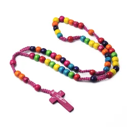 Catholic Colorful Rosary Necklace For Women Crucifix Cross Pendant Wood Beads Braided Rope Chain Men Religious Prayer Jewelry