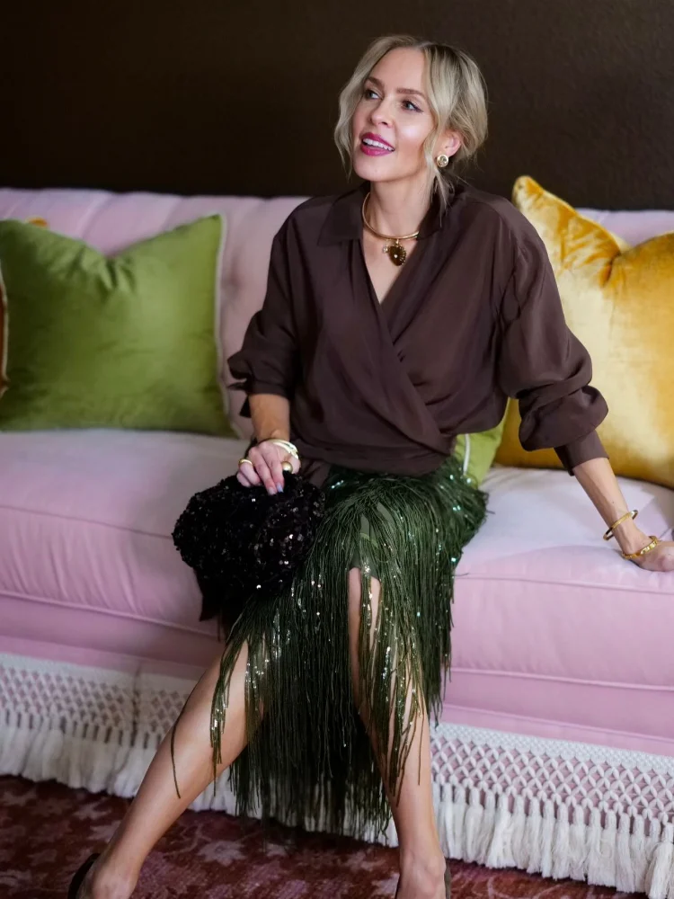 Green Sequin Midi Skirt Women Fashion Shiny Solid High Waist Bodycon Medium Length Skirts Lady 2025 Christmas Evening Party Gown