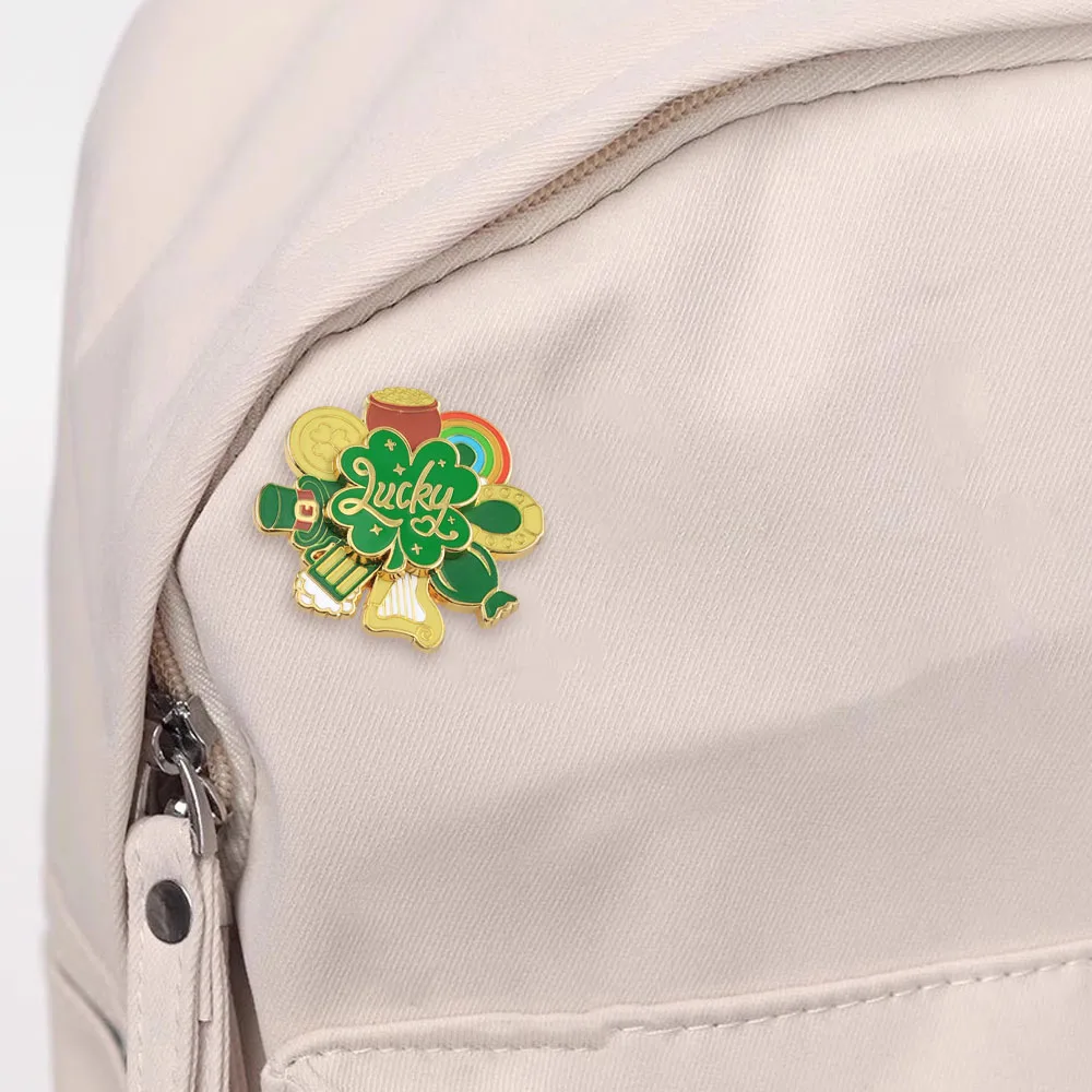 St. Patrick's Day Glücksbringer Vierblättriges Kleeblatt Brosche Irischer Feenhut Regenbogen Goldmünze Harfe Abzeichen Schmuck und Accessoires Geschenk – Detail 8