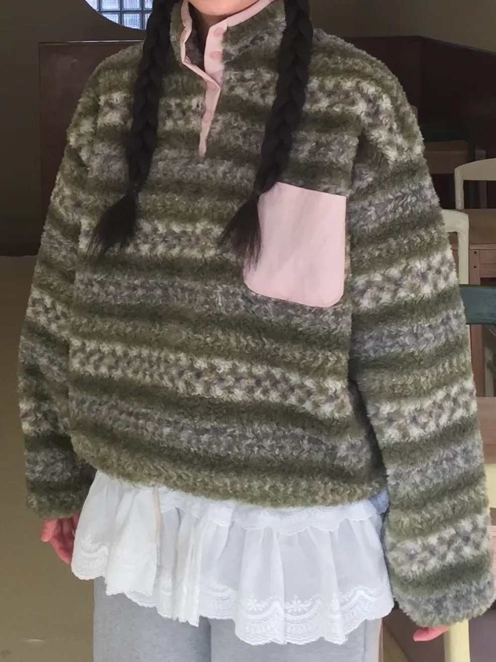 

Thiened High Collar Hoodie Women's Faionable Versatile Winter Outerwear Warm Sli Retro Netie Long Sve Striped irt