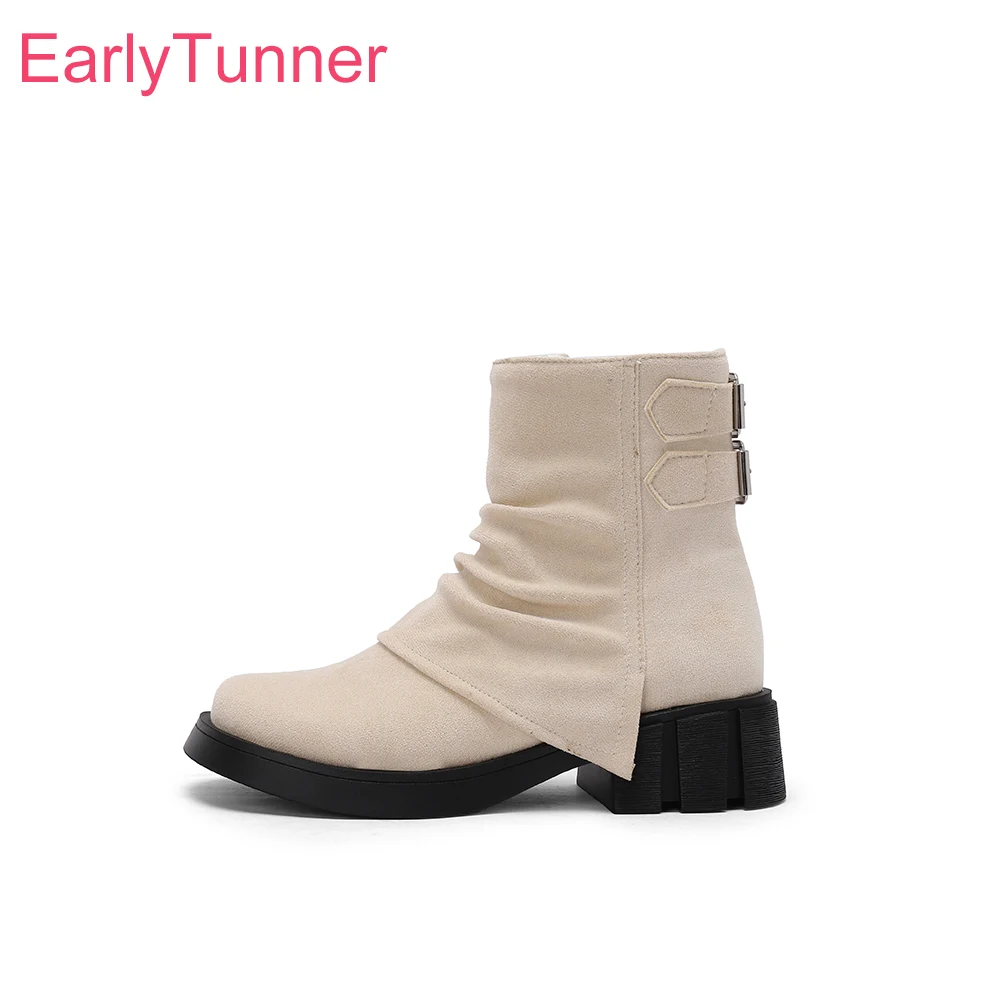 

2025 Новые зимние удобные бежевые черные женские ботильоны на толстой подошве, женская обувь на среднем каблуке, маленький большой размер 10,3, 43