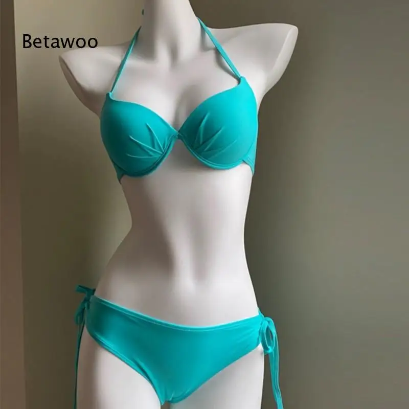 

Betawoo 2026 Women's Halter Push-Up Bikini Set, Solid Color Two-Piece Swimsuit with Tie Side Bottom