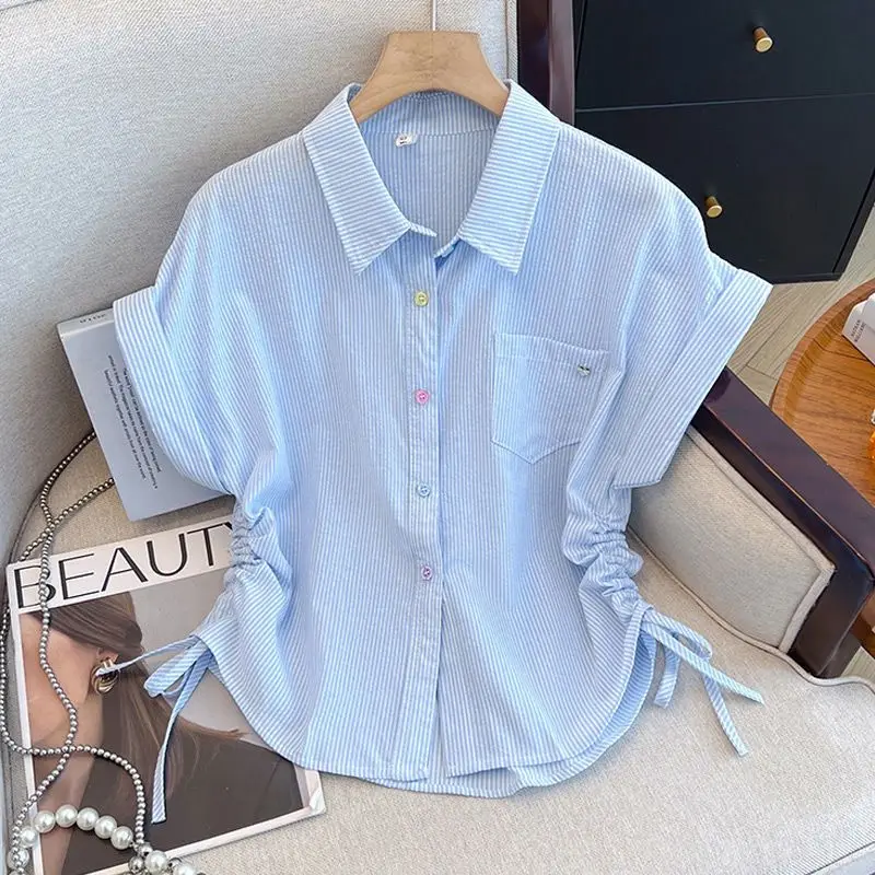 Summer Women's Striped Short Sleeve Shirt Casual Loose Design Korean Style Drawstring Top Versatile Commute Fashion