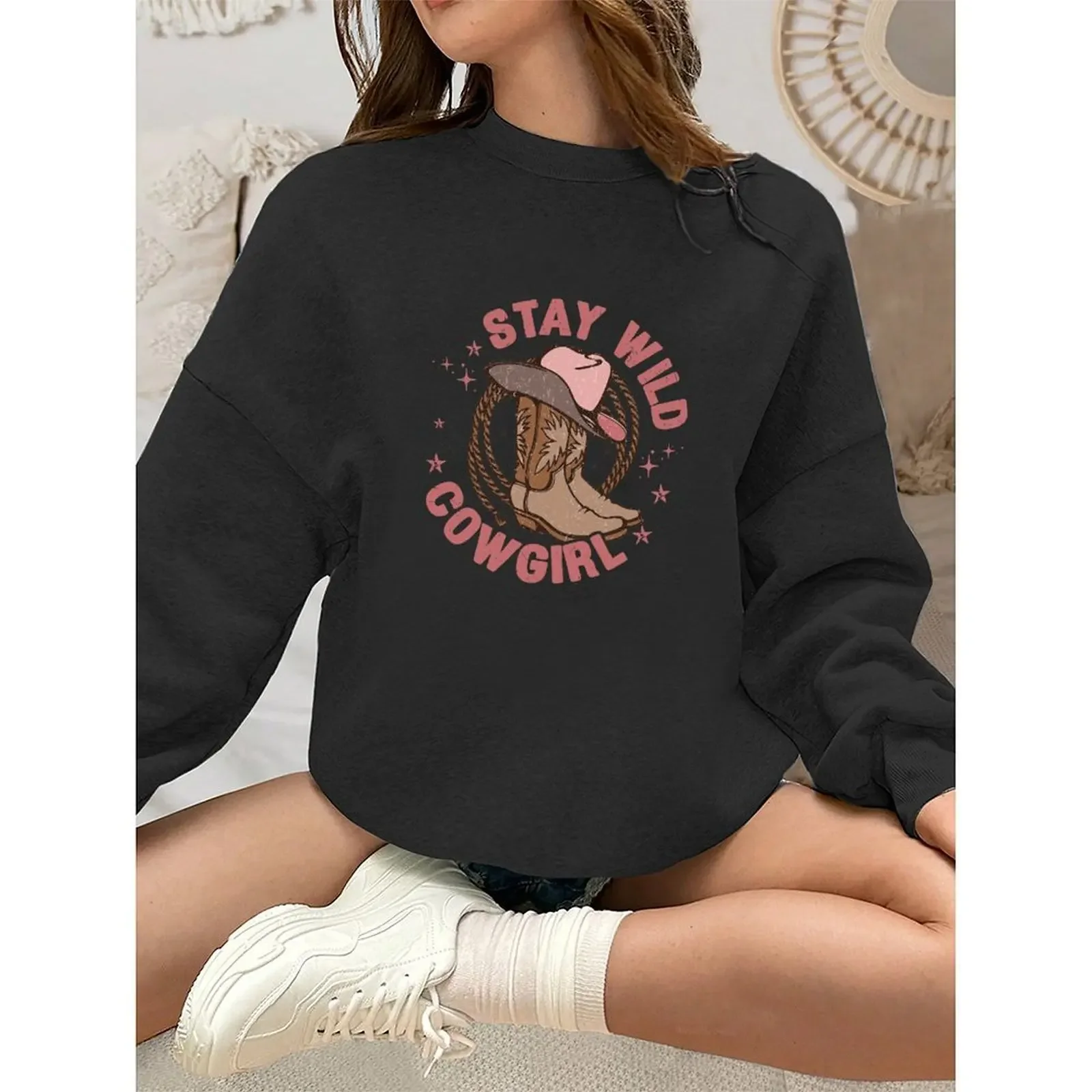 

Women O Neck Long-sleeved Velvet Winter Casual Fashion Cowgirl Style Cow Skull Print Sweatshirt Pullovers Autumn Woman Clothes