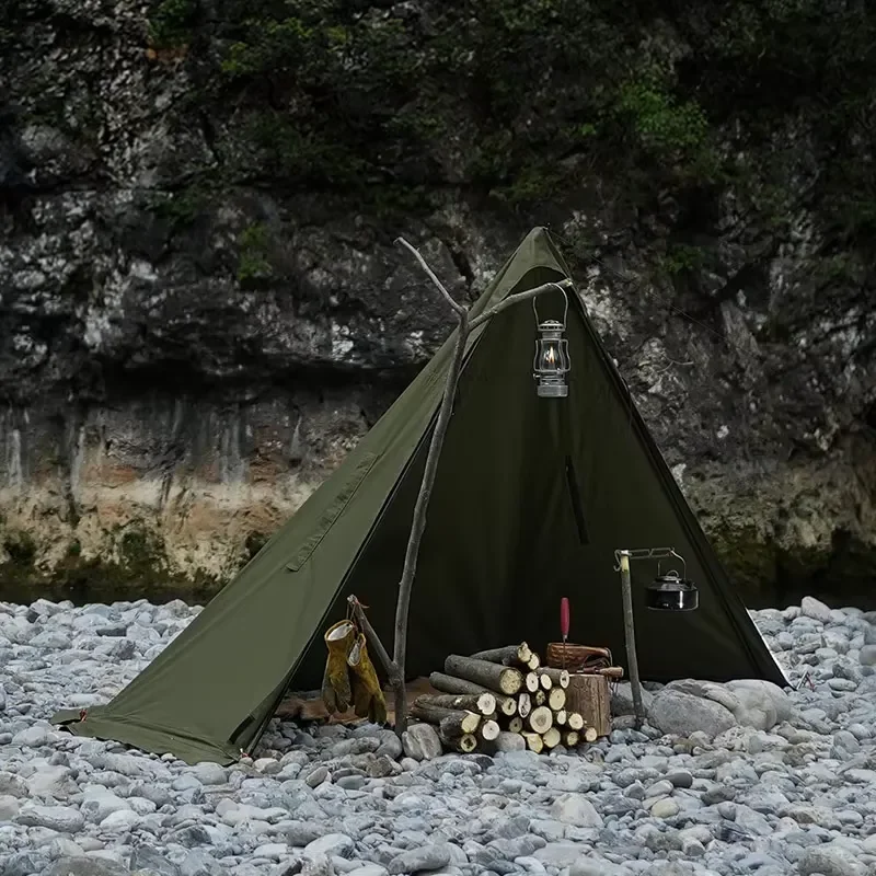 Portable Pyramid Camping Tent for Family Outdoor Survival with Aluminum Rod TC Fabric Oxford Mesh Waterproof Straight Support
