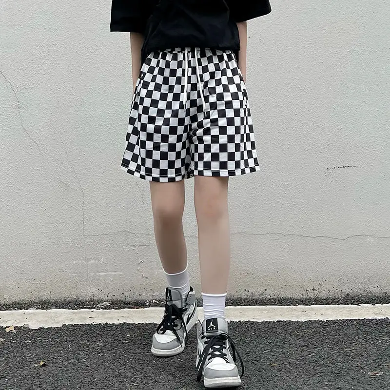 Women's Korean Edition Ins Checkerboard Pants, Fina, Perna reta, Perna larga, Dividida, Casual, Verão, Novo, 2022