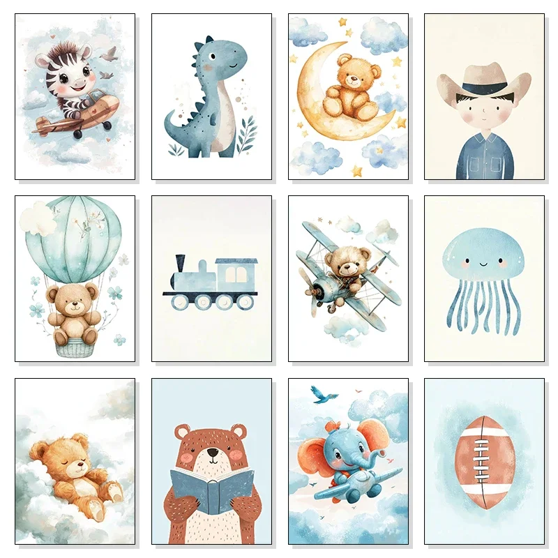 1pc frameless Canvas Painting Blue Cat Watercolor Flying Elephant Pilot Panda Whale Dinosaur Bear Boat Canvas Painting Print for