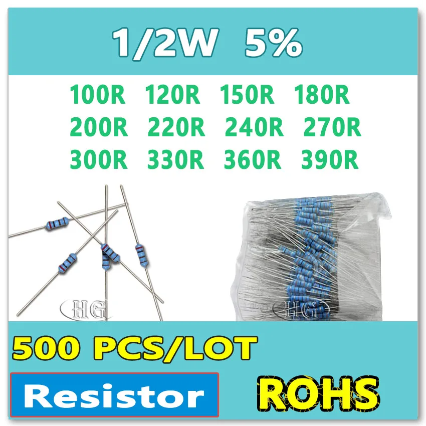 JASNPROSMA 500 PÇS/LOTE 5% 1/2W 100R 120R 150R 180R 200R 220R 240R 270R 300R 330R 360R 390R Filme de carbono DIP OHM Resistor