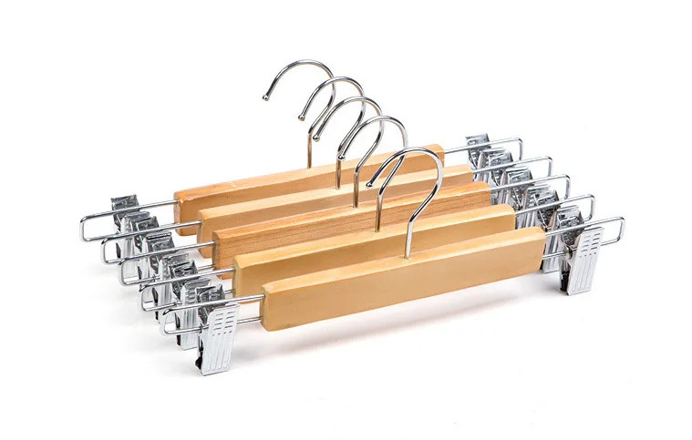 5PCS High-Grade Wooden Pants Hangers with Stainless Steel Clips Solid Wood Skirt Hanger Trousers Rack Clip Clothes Pegs MJ