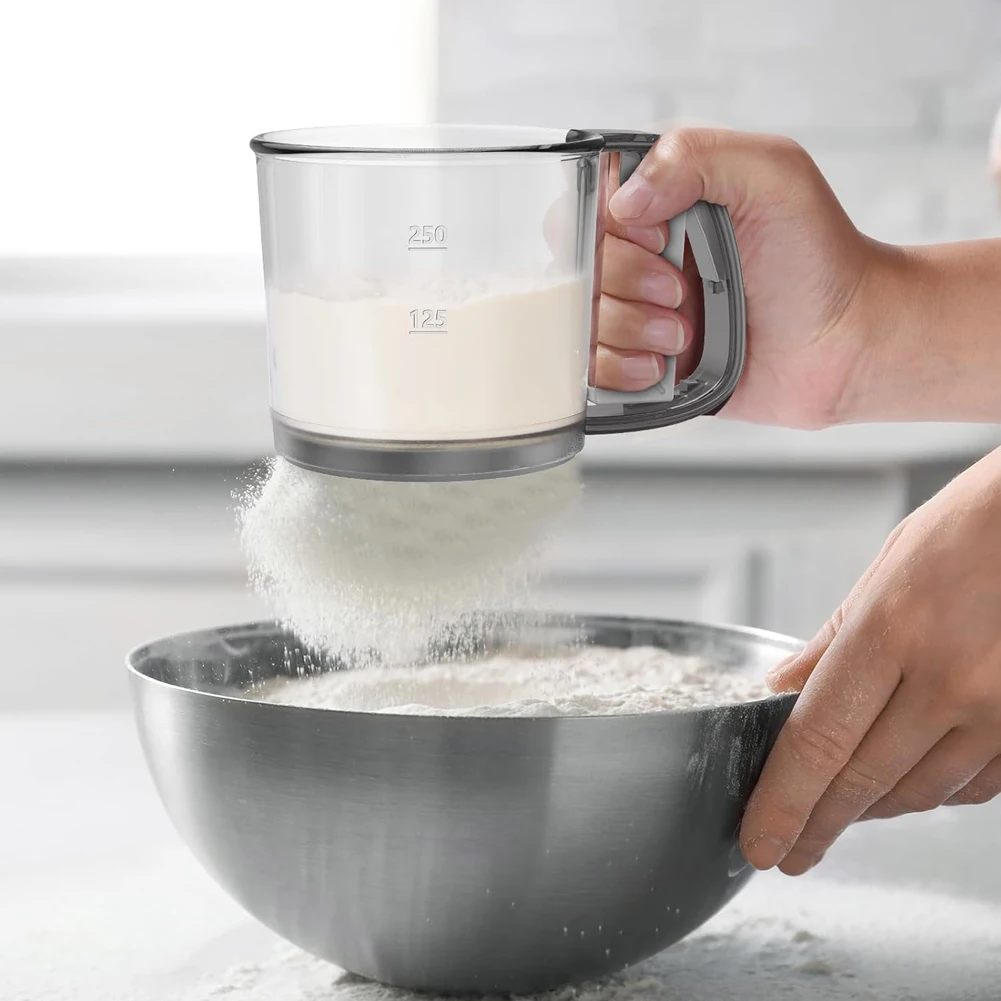 

Baking Flour Sifter Handheld Powdered Sugar Sieve Cup with Fine Mesh & Scale & Hand Press Design for Kitchen Baking Tool