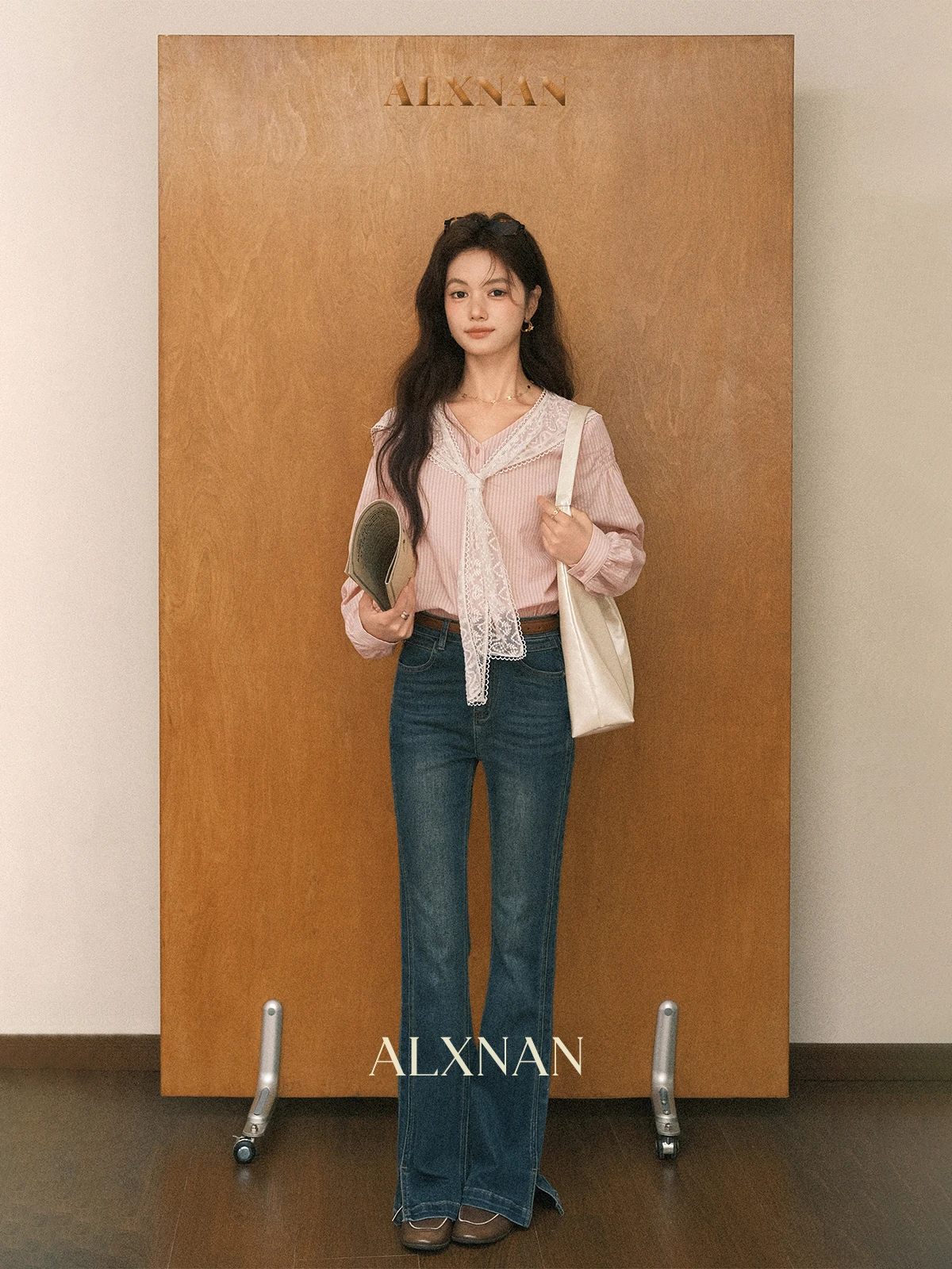 ALXNAN خمر الأزرق سبليت الجينز المرأة الخريف مستقيم القطن الدنيم السراويل عادية أنيقة عالية الخصر مكتب سيدة بنطلون L56975