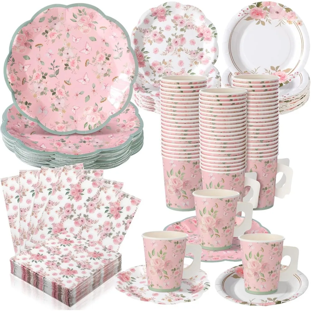 

Розовые цветочные принадлежности для чаепития на 36 гостей: одноразовая посуда, чайные чашки с блюдцами для декора на день рождения или свадьбу