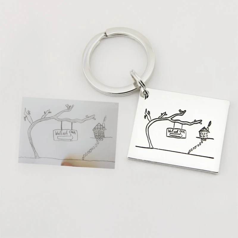 Dainty Custom Children Cartoon Drawing Cut Pendant Key Chain Stainless Steel Logo Photo Keychain Kids Memorial Gift Accessories