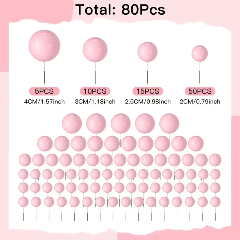 80pcs Colorful Balls Cake Toppers 2-4cm Size Gold Silver Pink Blue Foam Balls Decorations Birthday Wedding Baby Shower Christmas