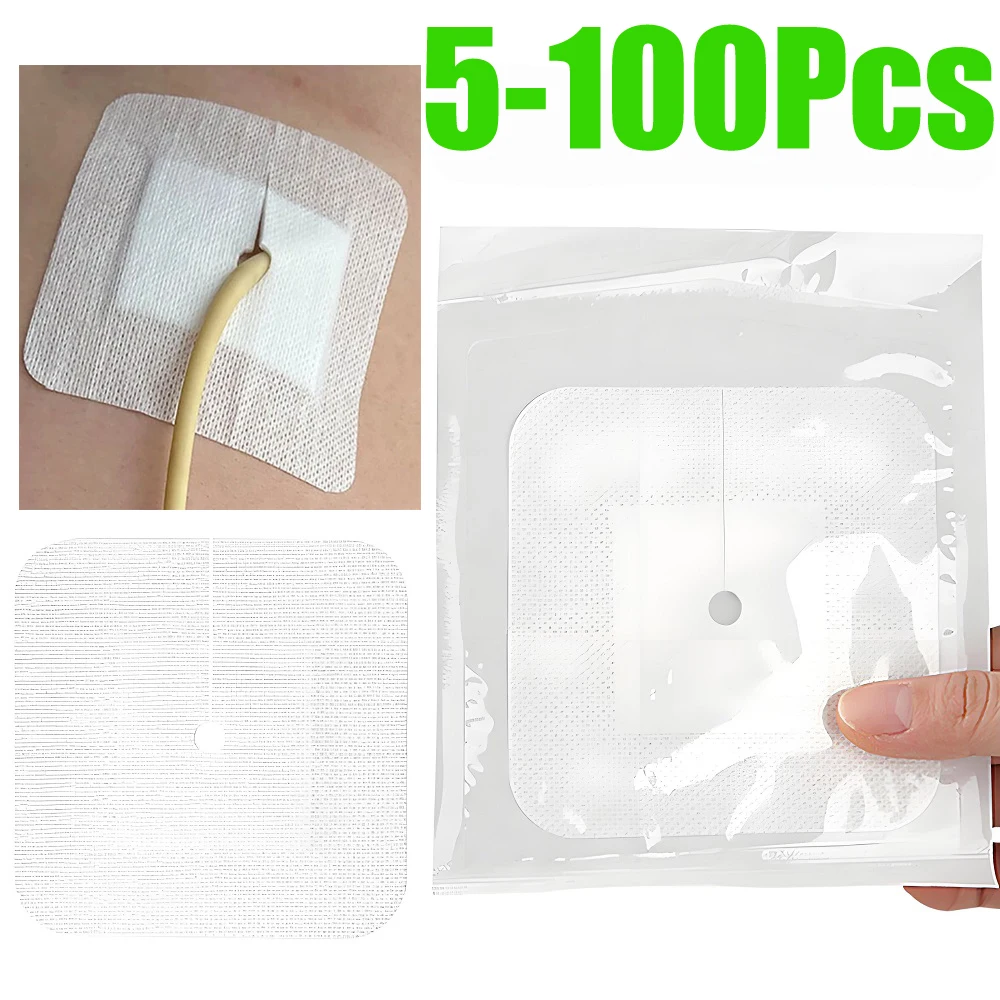 5-100Pcs Medical Drainage Tube Sterile Wound Dressing Non-Woven Patch with Hole for Renal Puncture Urinary Catheter Fixation