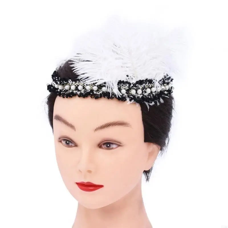 72xe 1920s แถบคาดศีรษะ Flapper, แถบคาดศีรษะไข่มุกขนนกวินเทจ, เครื่องประดับผม 20s สำหรับ Gatsby Prom, งานแต่งงาน, งานรื่นเริง,