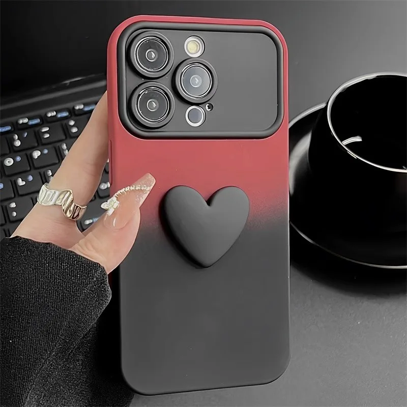 Caso de telefone macio à prova de choque com janela grande, coração do amor, cor gradiente, proteção de lente, bonito 3D capa para iphone 15, 14,