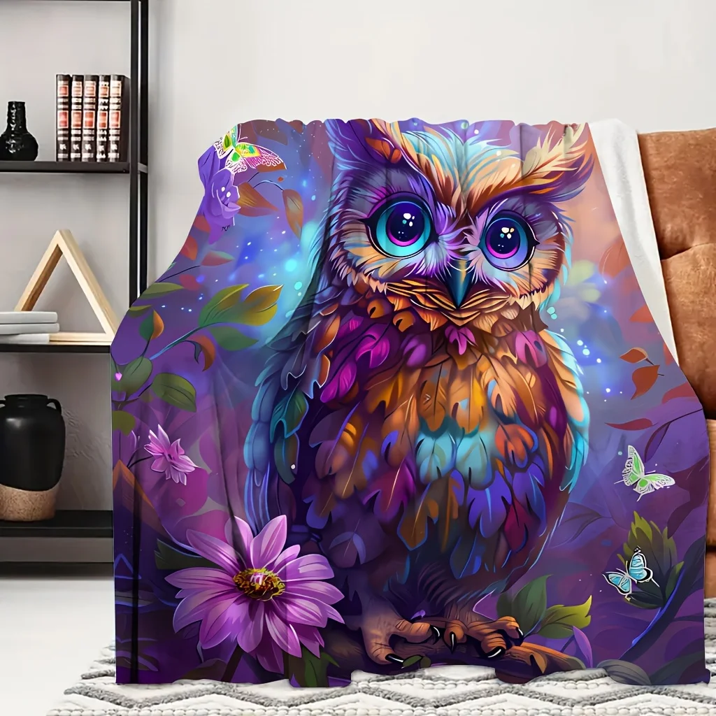 1pc Rainbow Glowing Owl Purple Floral Print Flannel Blanket, Skin-Friendly And Cozy, Suitable for Blankets, Kids Bed Covers, Gam