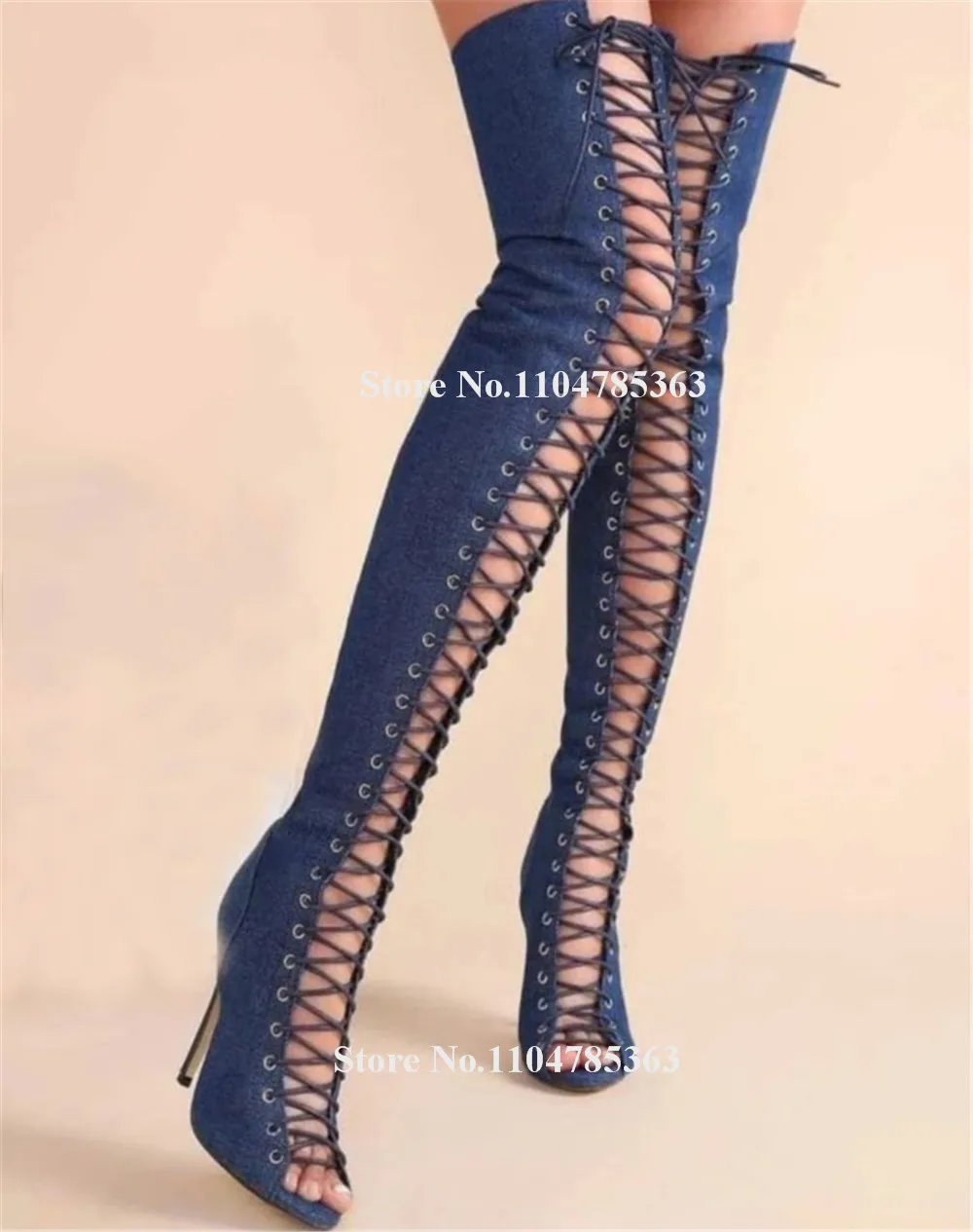 

Сексуальные тонкие синие джинсовые сапоги-гладиаторы на шпильке выше колена с открытым носком на шнуровке, красные, зеленые замшевые сапоги на тонком каблуке