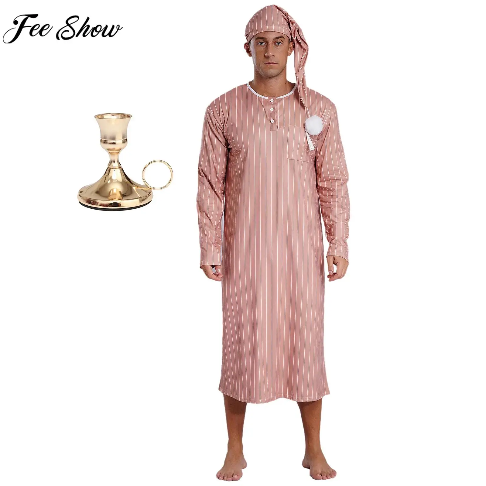 Camisón holgado a rayas de manga larga para hombre, pijama con gorro para dormir, candelabro, disfraz de fiesta de Navidad y Halloween