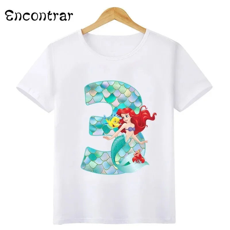 Cotton Princess Mermaid Graphic Girls Clothes Kids T Shirt Age 1 2 3 4 5 6 7 8 9 Years Birthday Number Bow Baby T-Shirts