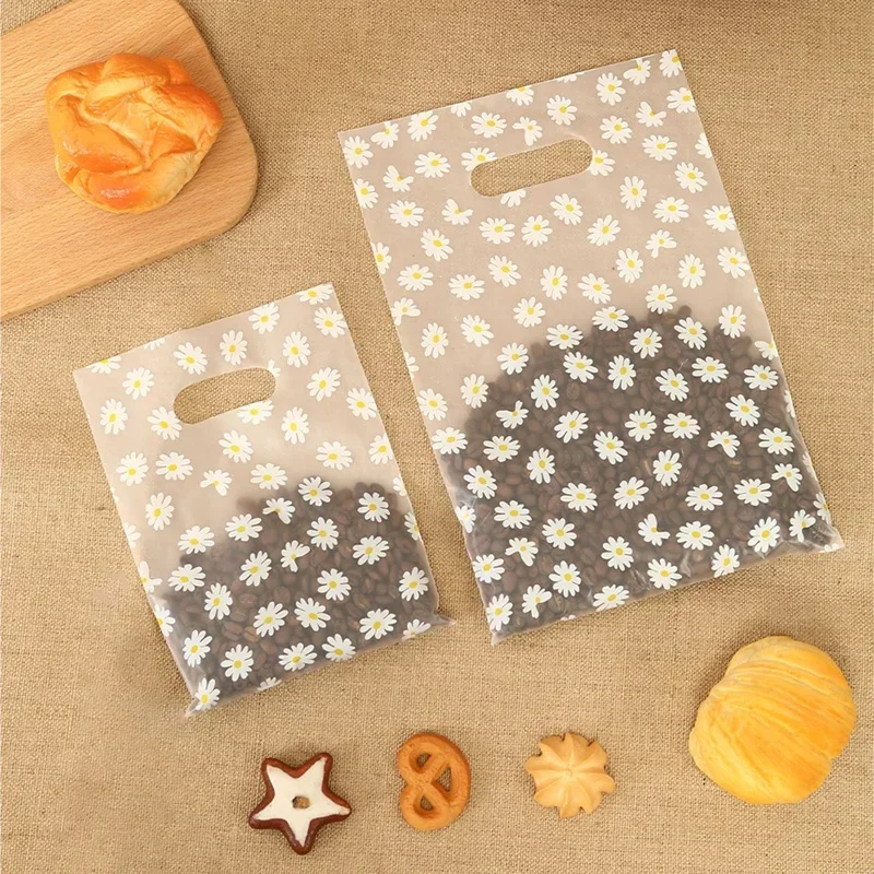 50/100 Stück Kunststoff-Geschenktüten im Gänseblümchen-Stil mit Griff, Einkaufstasche, Tragetaschen, perfekt für Muttertag, Hochzeit, Geburtstag, Feiertage – Detail 5