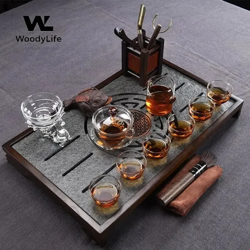 Black Luxury Tea Tray Valet Office Chinese Kitchen Rectangle Stone Tableware Tea Tray Living Room Bandejas Home Decorationgs