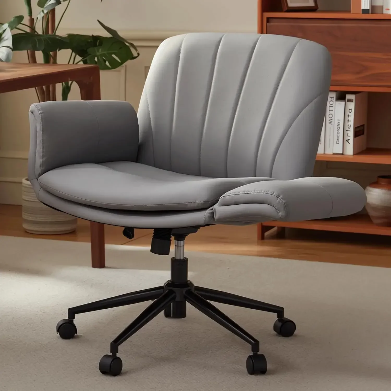 Criss Cross Chair with Five-Level Adjustable Arms and Wheels - Comfortable Ergonomic PU Leather Swivel Vanity Chair - Computer M