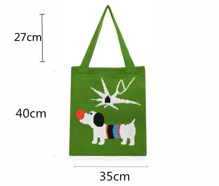 Crochet Stylish Green Dog Top-handle Tote Bag 2024 Vintage Retro Chic Harajuku Dreamcore Y2K Aesthetic Knitted Shopping Handbag