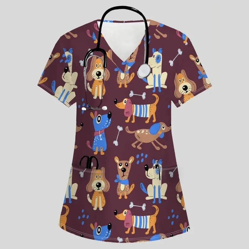 Women's Short-Sleeve Printed Beagle Dog Bone Pattern Medical Workwear Comfortable and breathable veterinary surgical gown