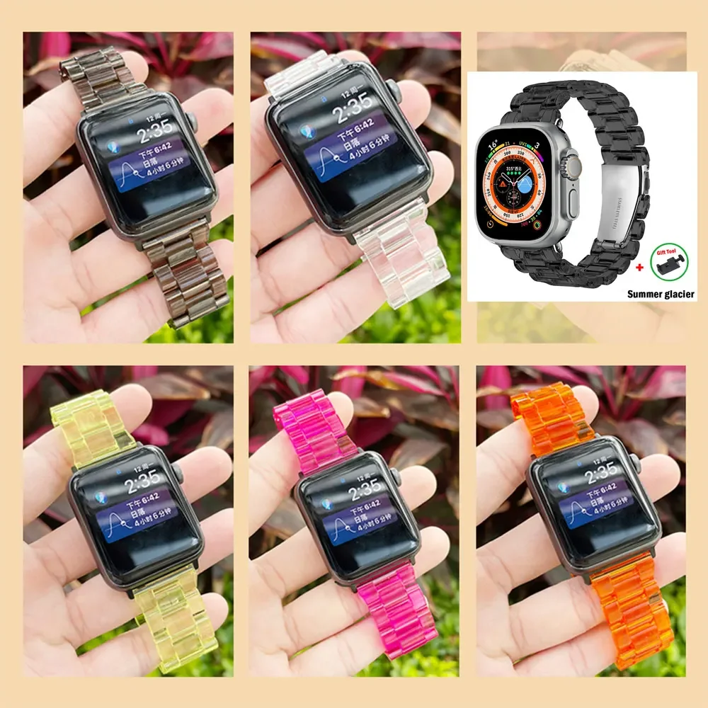 Transparent Resin strap for apple watch band 42mm 40mm correa 44mm 38mm Smart Wrist link bracelet iwatch series 8 7 6 5 4 SE 9