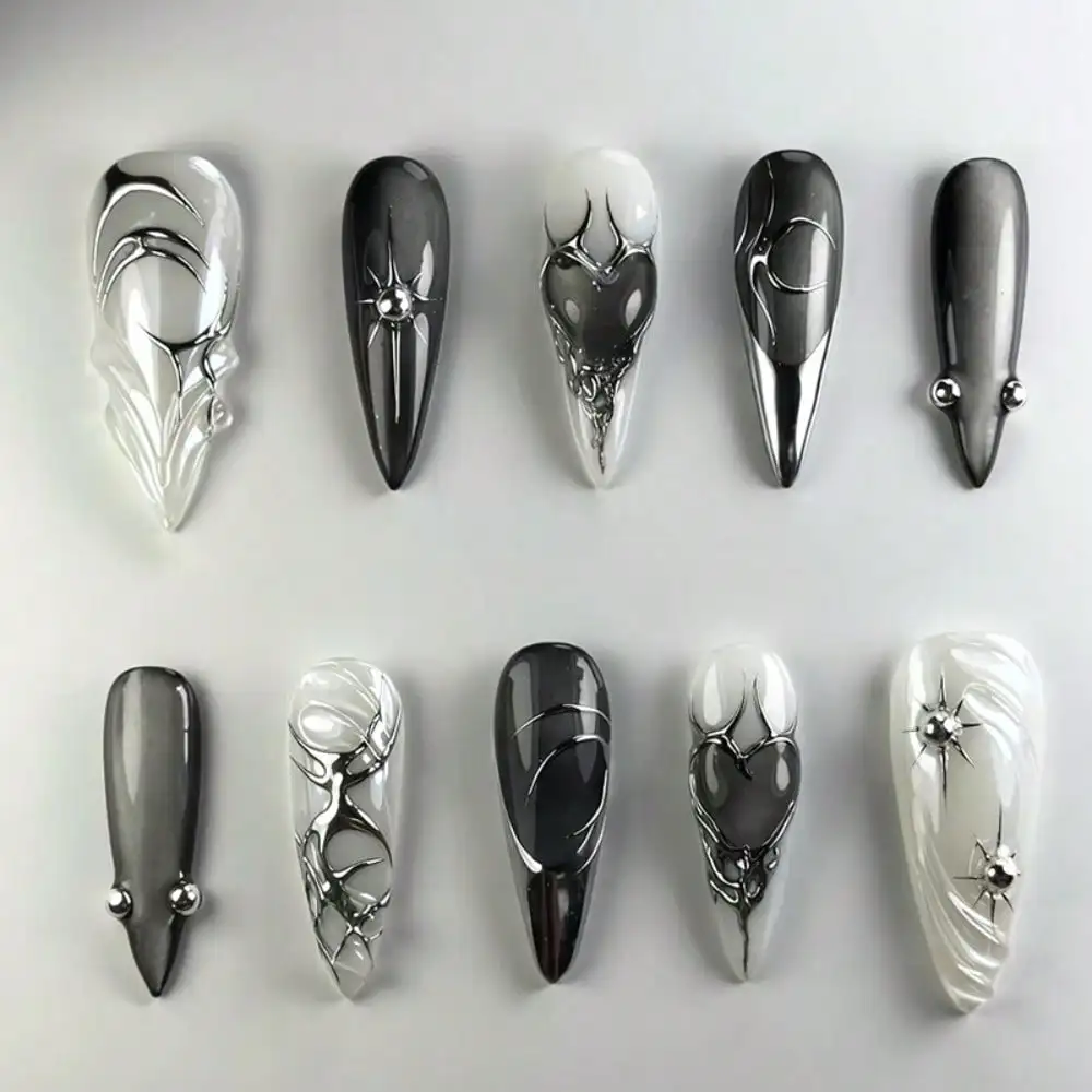 24Pcs Gothic Press On Nails Long Stiletto Black White Marble Design Metallic Fake Nails Dark Style DIY Manicure for Women