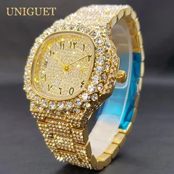 Bling Watches For Men Classic Luxurious Gold-Plated Iced-Out Watch For Male Square Calendar Luminous Point Quartz Watch Popular